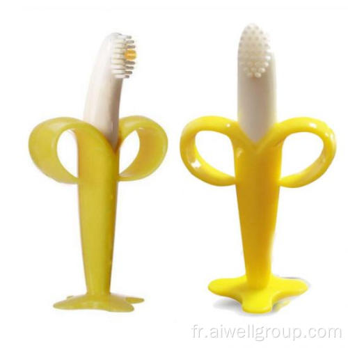 Brosse à dents pour bébé en silicone à poignée longue de banane